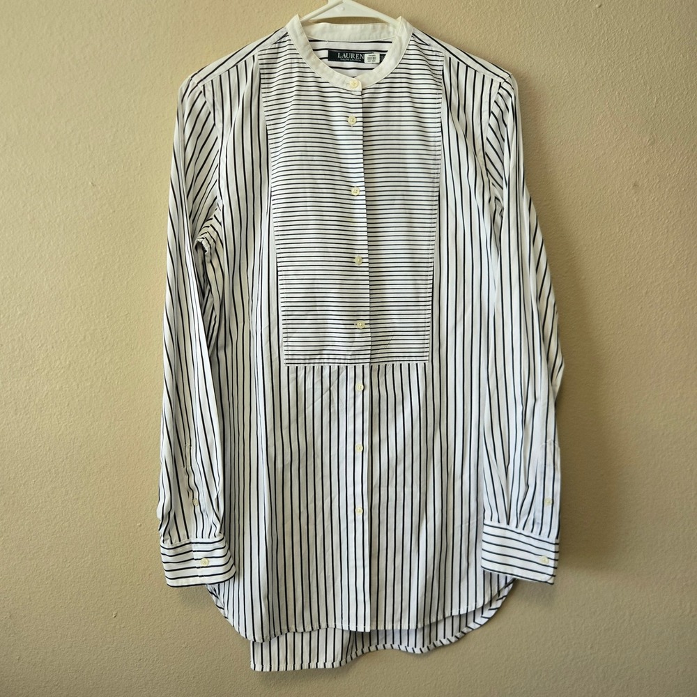 Lauren Ralph Lauren Striped Bib Front Tunic Shirt Black White Band Collar M